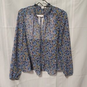 Gap Blue Floral Peplum Blouse XS Sheer Long Sleeve Ruffle Neck Tie Front 282260